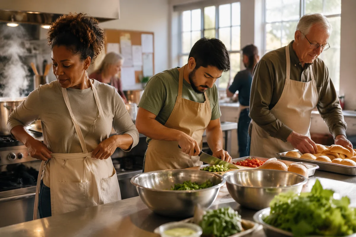 Volunteers Preparing Meal in Community Kitchen