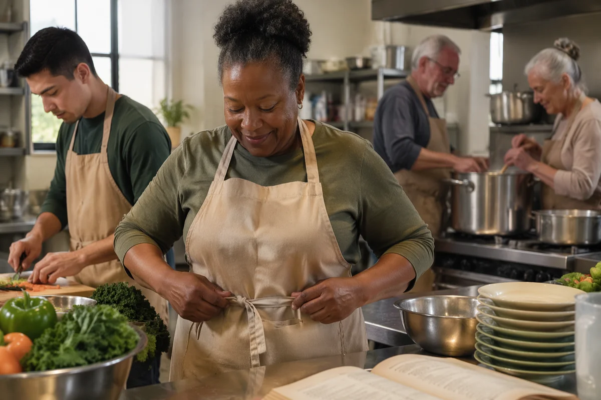 Volunteers Preparing Meal in Church Kitchen