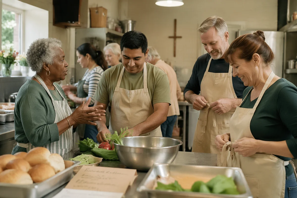 Volunteers Preparing Meal in Fellowship Hall Kitchen