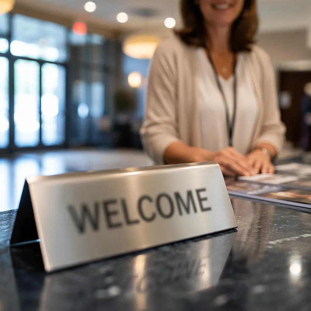 Smiling Church Lobby Welcome Desk Greeter