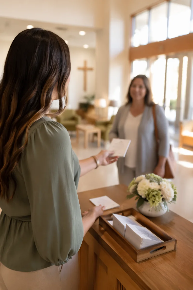 Smiling Greeter at Church Welcome Desk