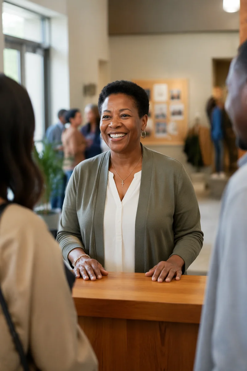 Smiling Woman at Church Welcome Desk