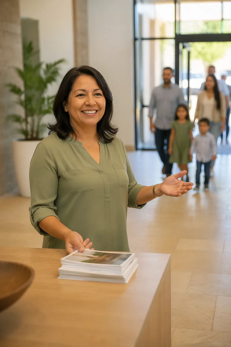 Smiling Greeter at Church Welcome Desk