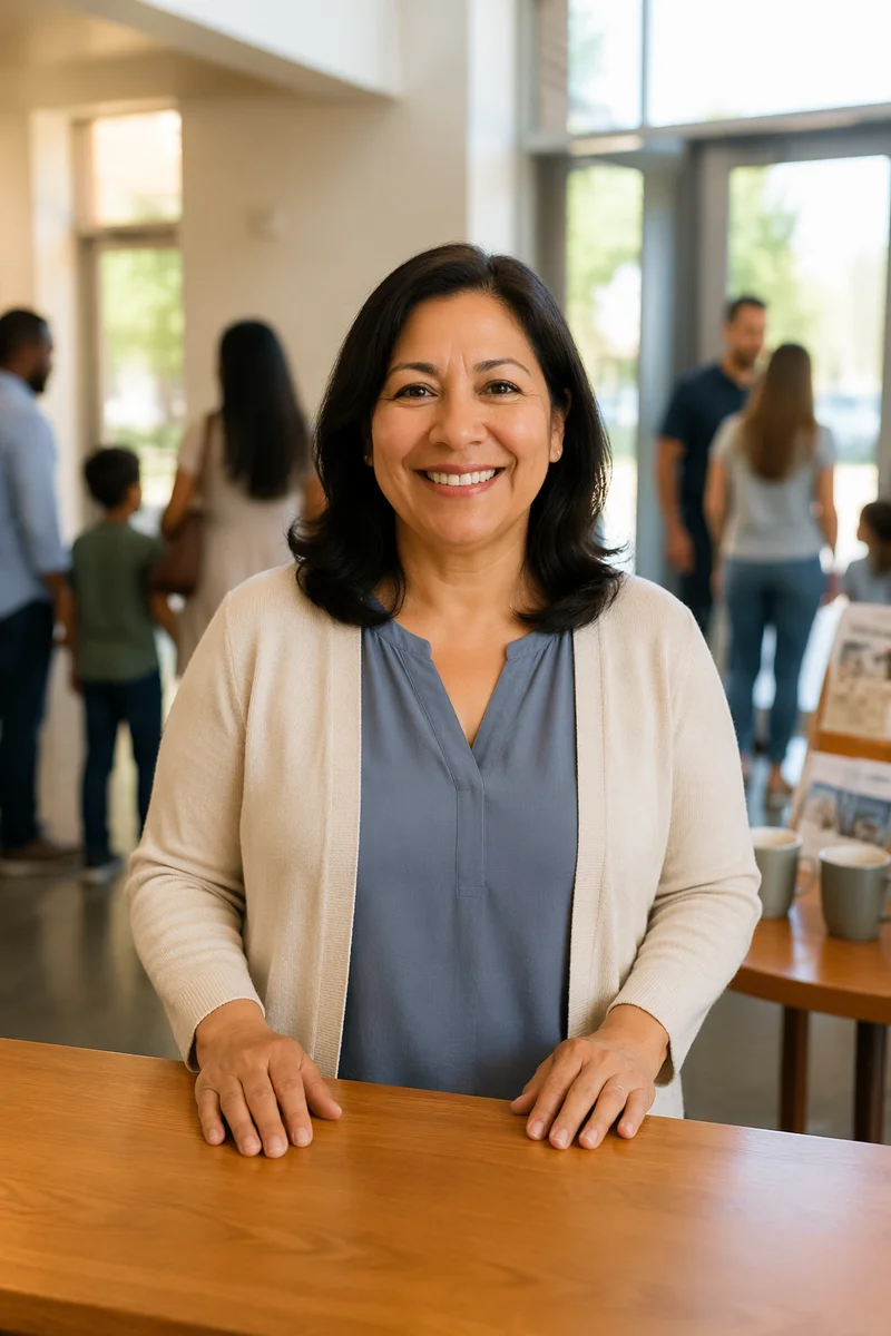 Smiling Greeter at Church Welcome Desk