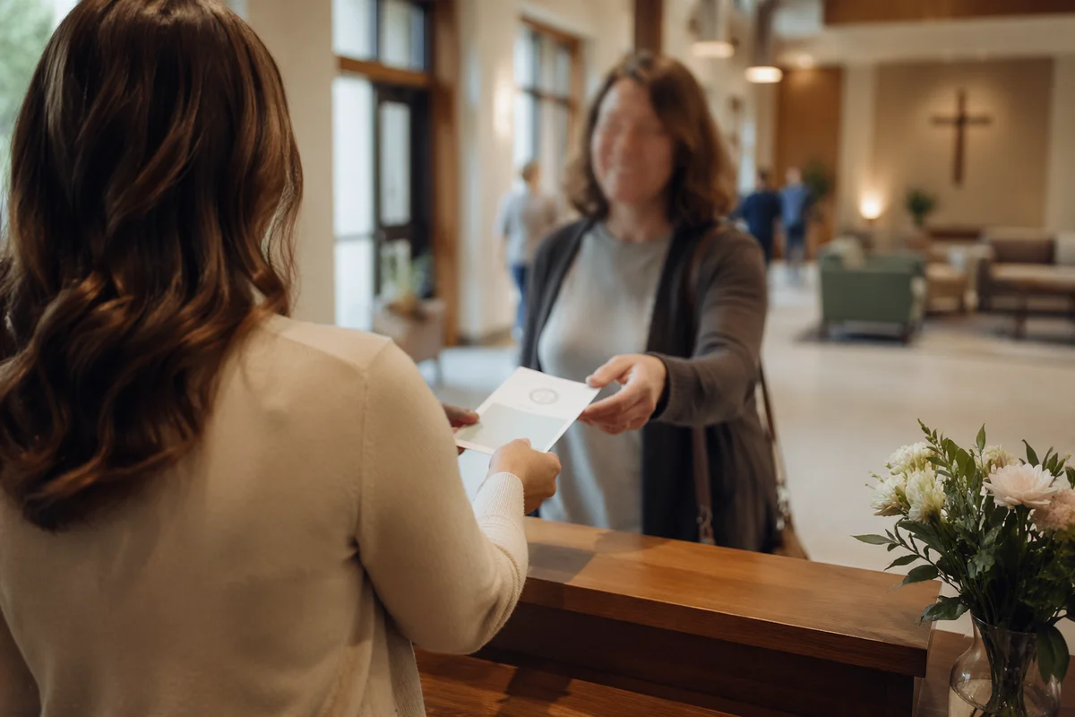 Smiling Church Lobby Welcome Desk Greeter