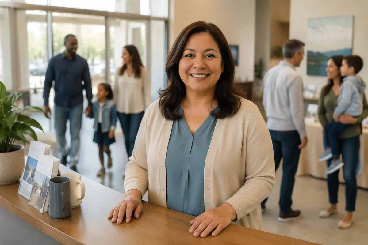 Smiling Greeter at Church Welcome Desk