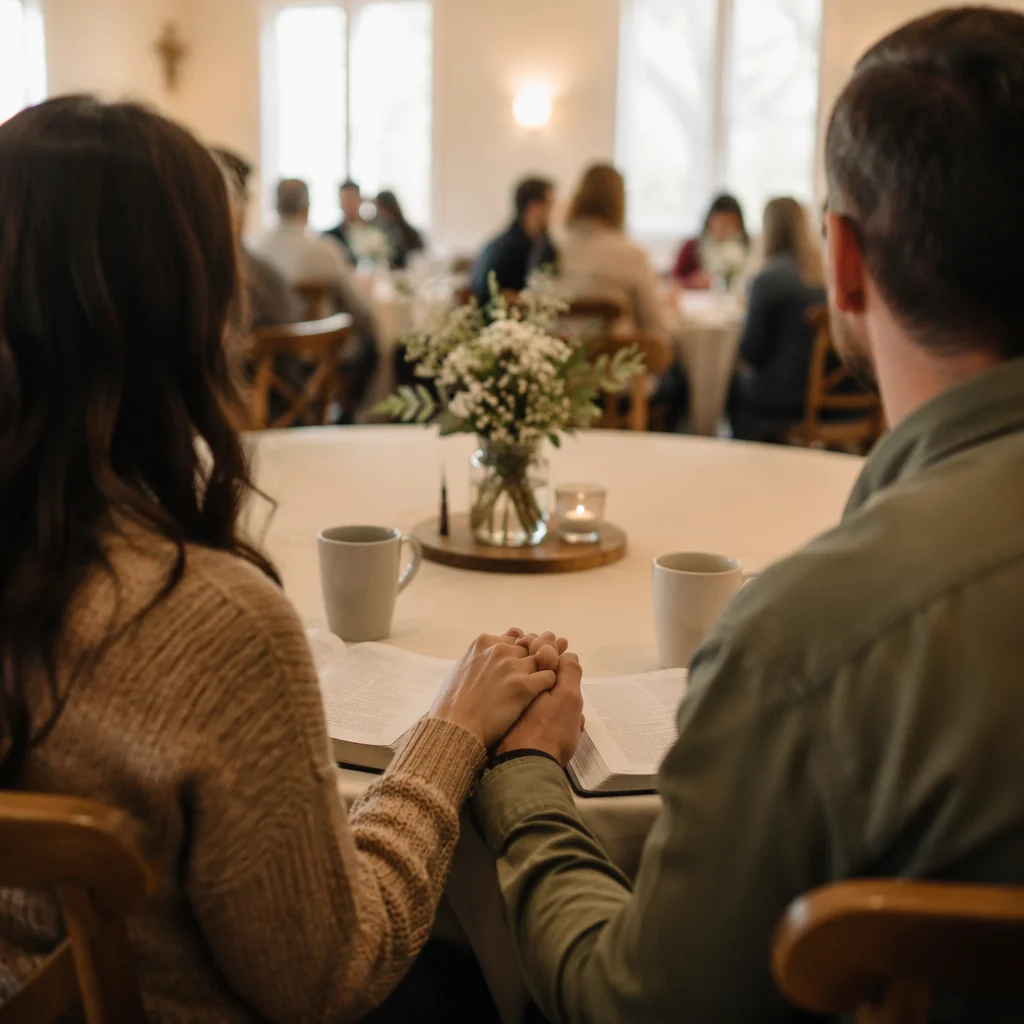 Couple at Church Marriage Retreat Table