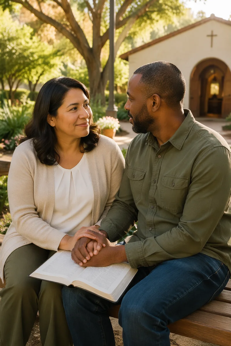Couple Holding Hands on Garden Bench