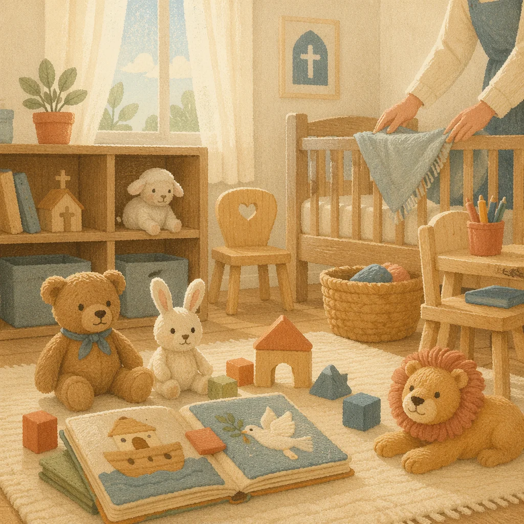 Peaceful Church Nursery Toys in Soft Light