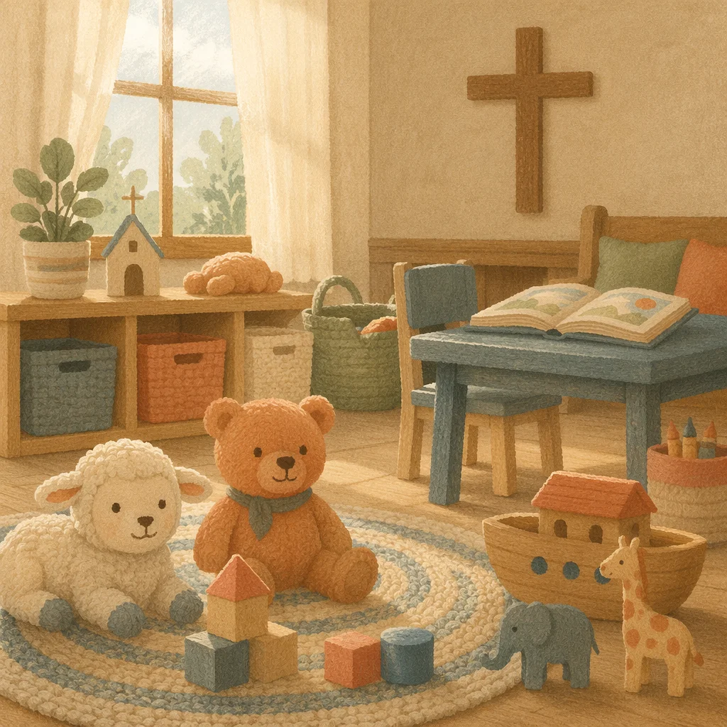 Peaceful Church Nursery Toys in Soft Light