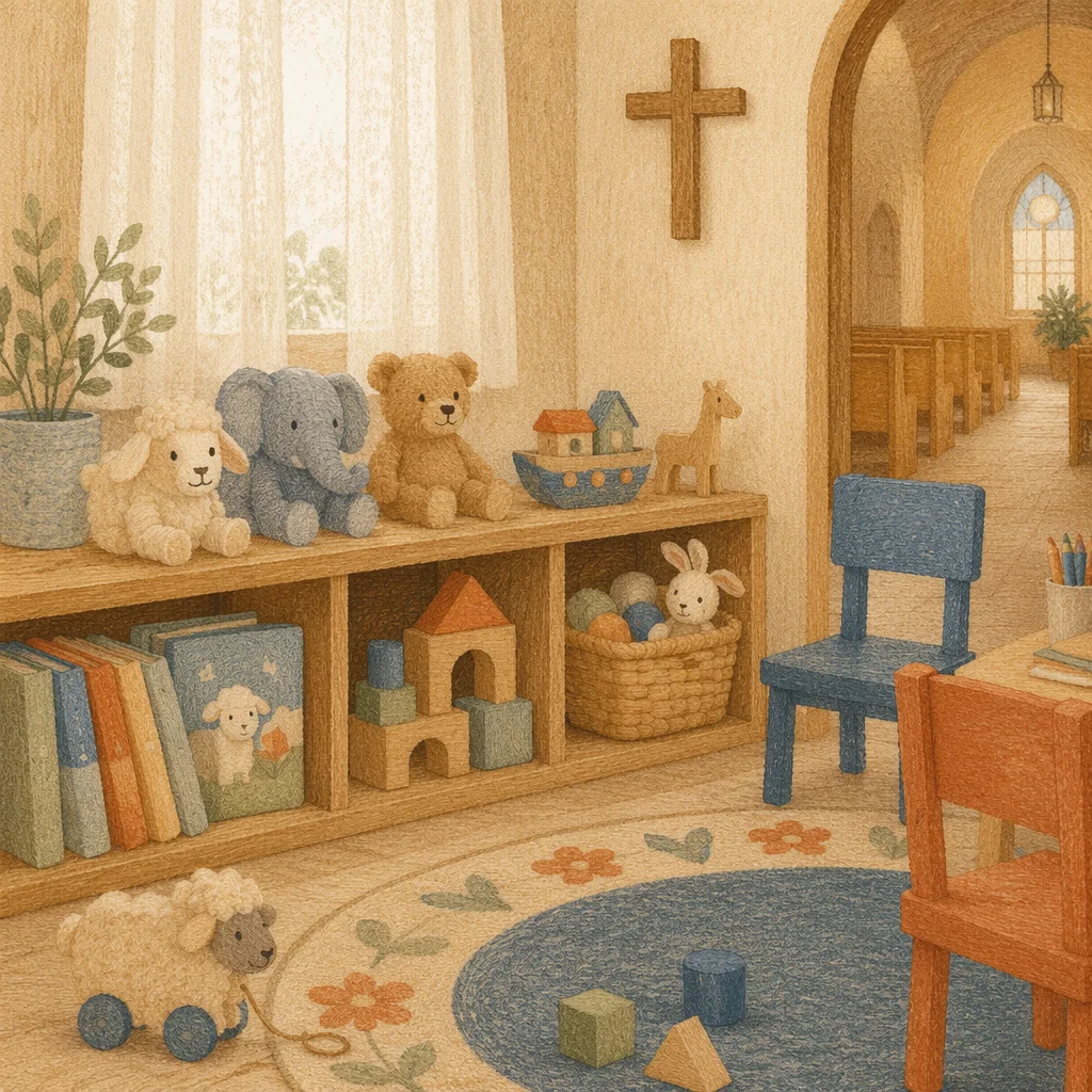 Peaceful Church Nursery Toys in Soft Light