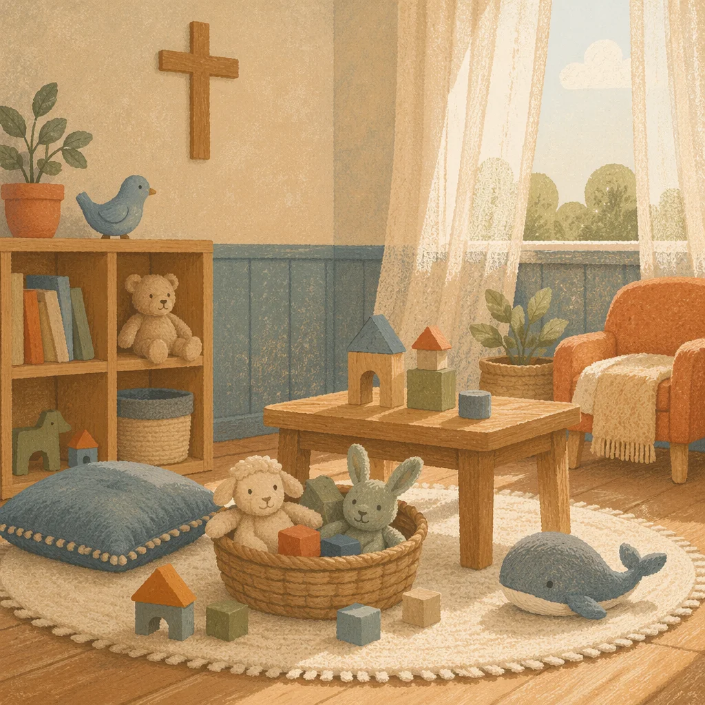 Peaceful Church Nursery Toys in Soft Light