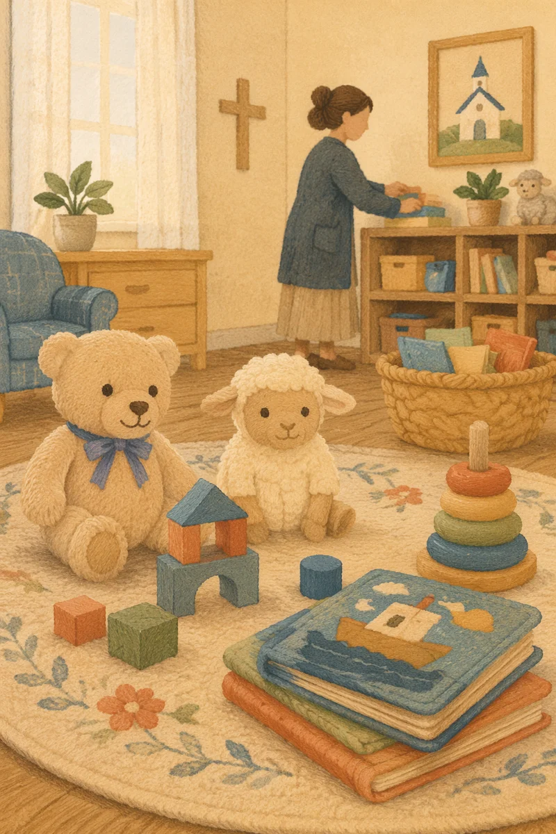 Peaceful Church Nursery Toys in Soft Light