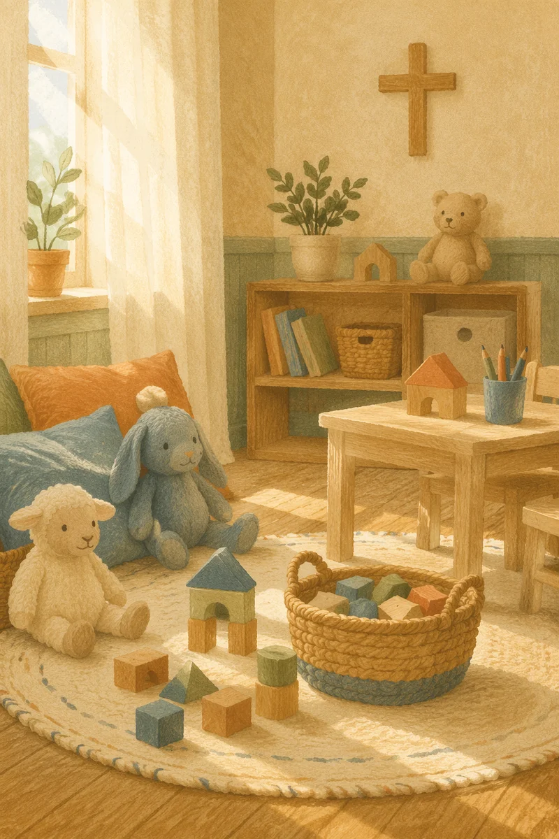 Peaceful Church Nursery Toys in Soft Light