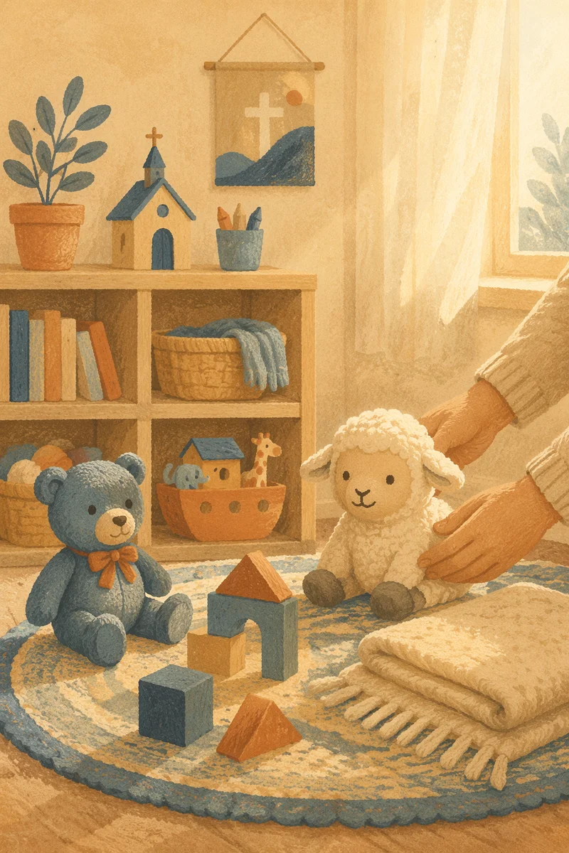 Peaceful Church Nursery Toys in Morning Light