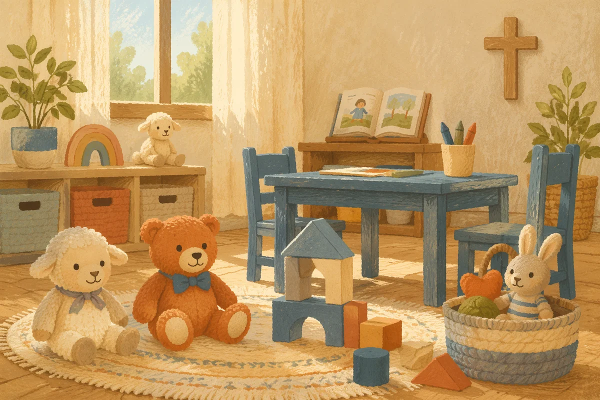 Peaceful Church Nursery Toys in Soft Light