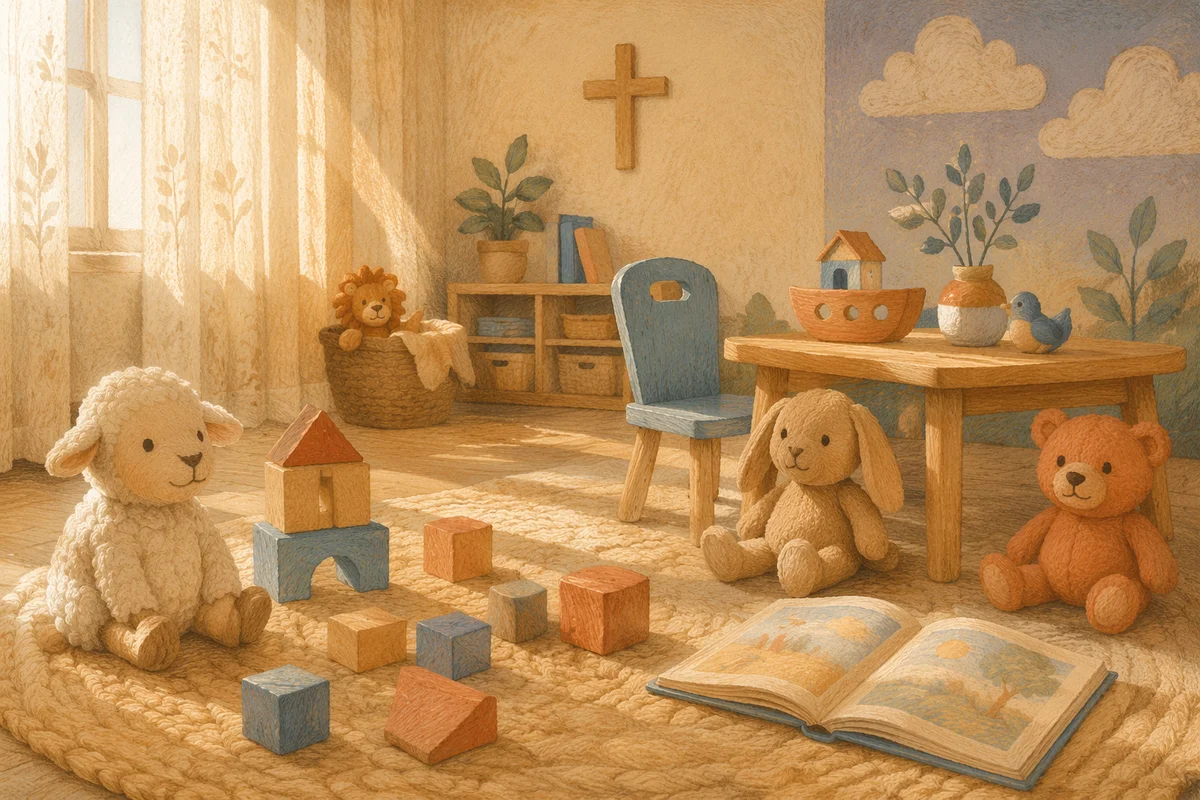 Peaceful Church Nursery Toys in Morning Light