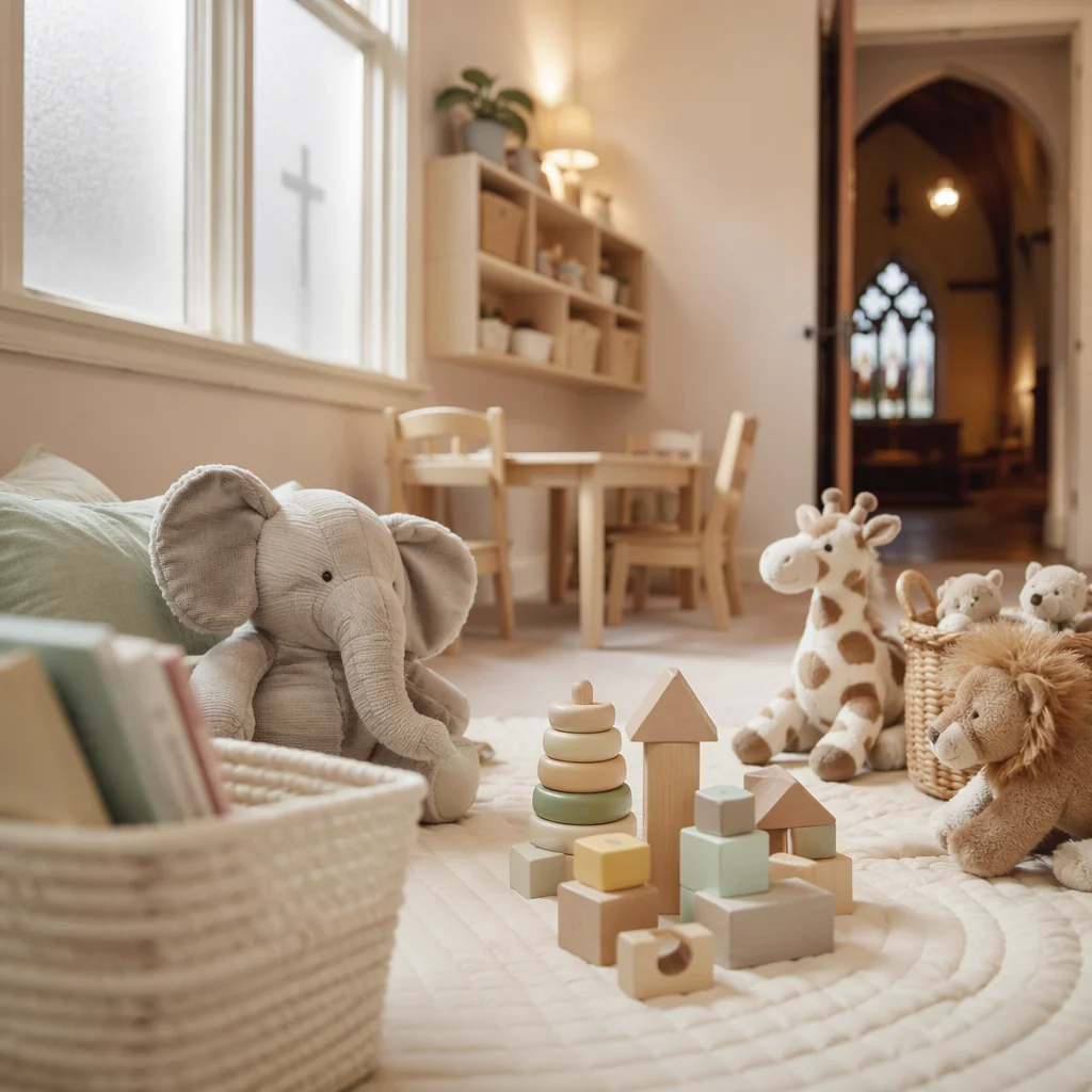 Calm Church Nursery Toys in Morning Light