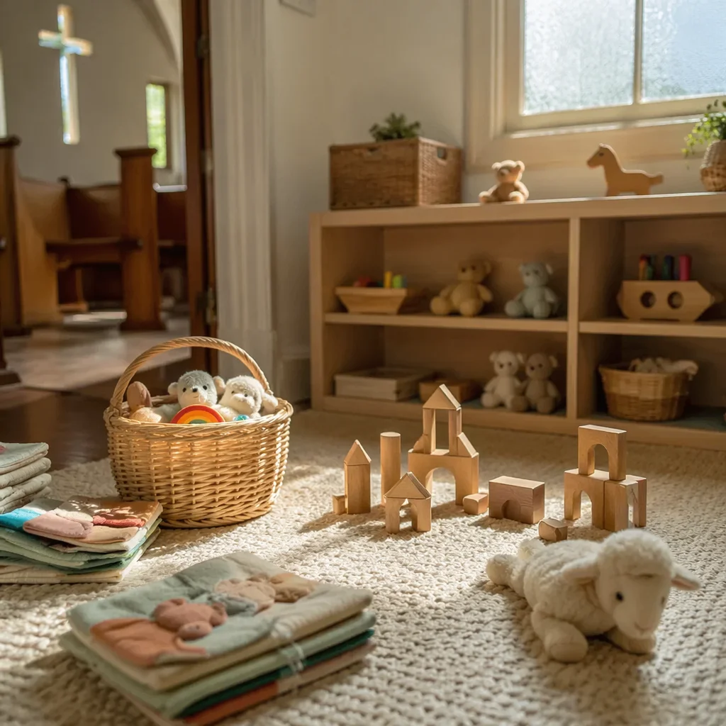 Peaceful Church Nursery Toys in Soft Light