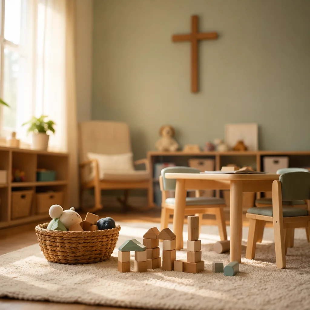 Peaceful Church Nursery Toys in Soft Light