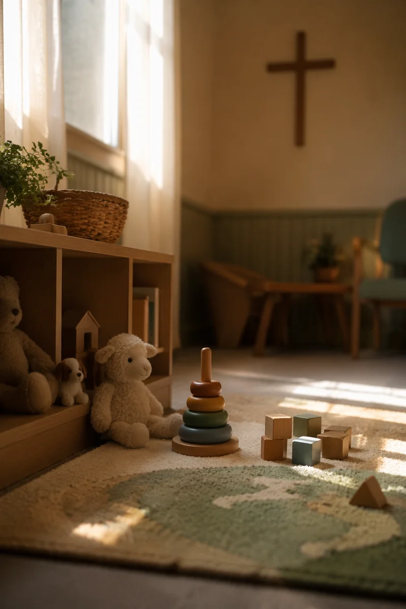 Peaceful Church Nursery Toys in Warm Light