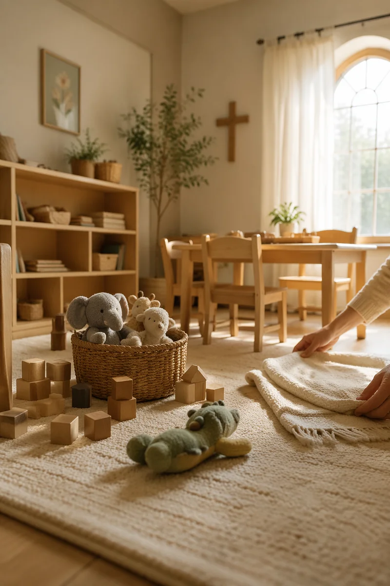 Peaceful Church Nursery Toys in Morning Light