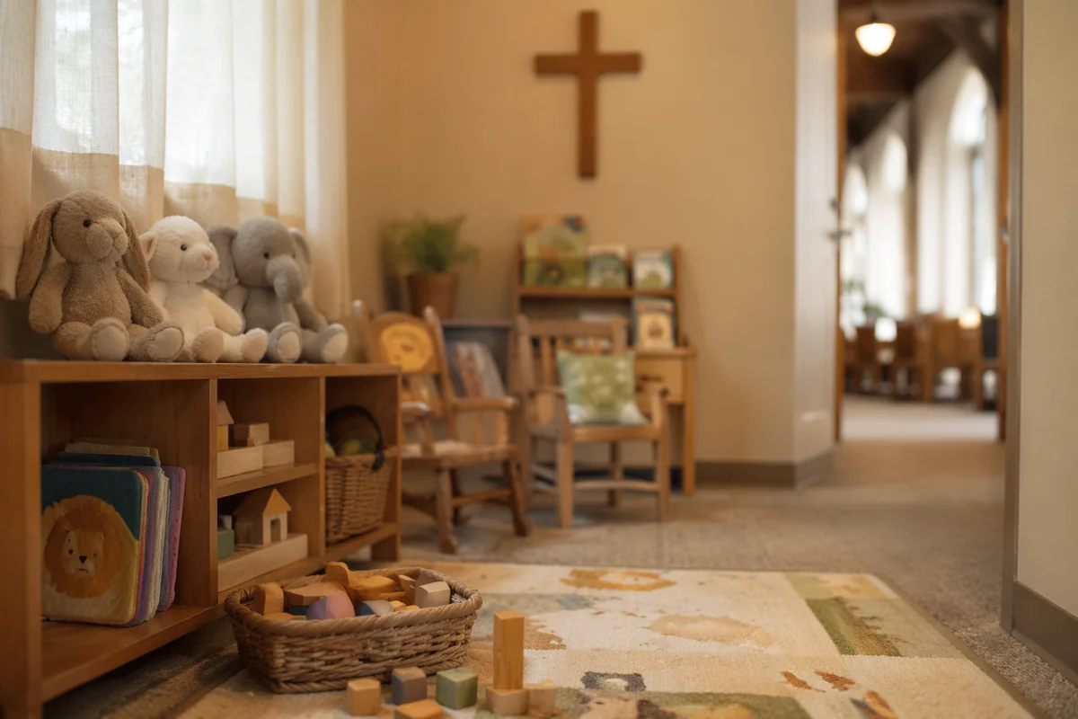 Peaceful Church Nursery Toys in Soft Light