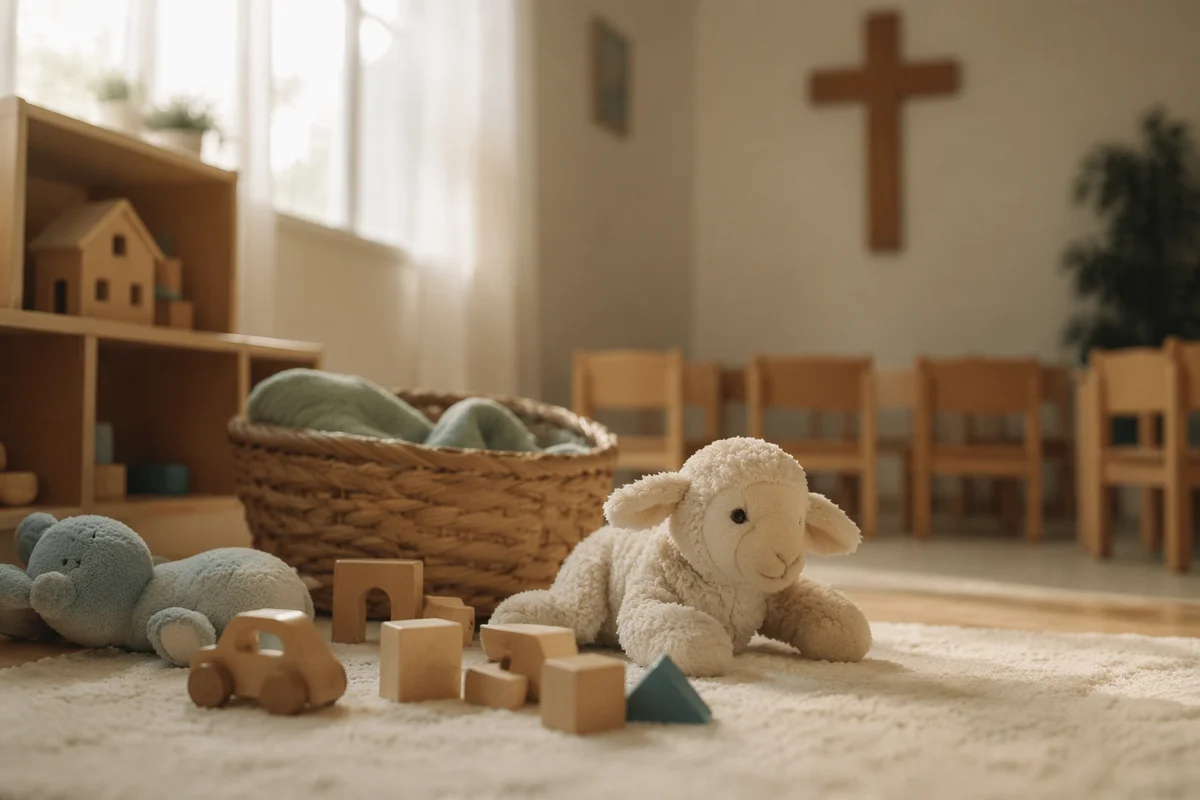 Peaceful Church Nursery Toys in Soft Light
