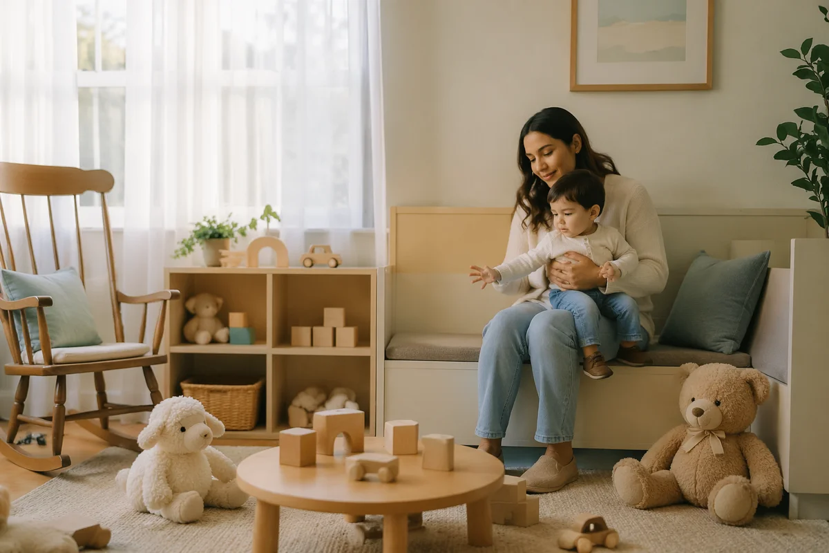 Sunlit Church Nursery with Mother and Toddler
