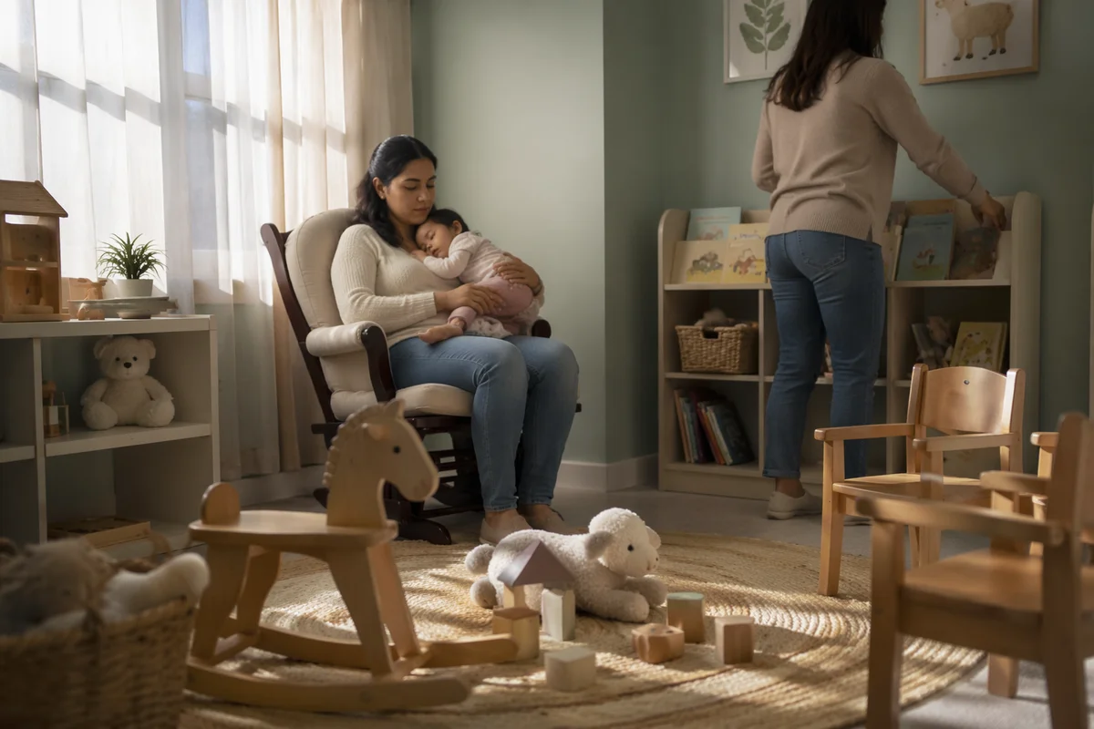 Sunlit Church Nursery with Toys and Caregivers