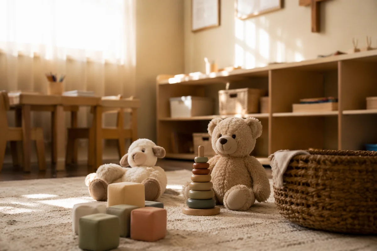 Peaceful Church Nursery Toys in Soft Light