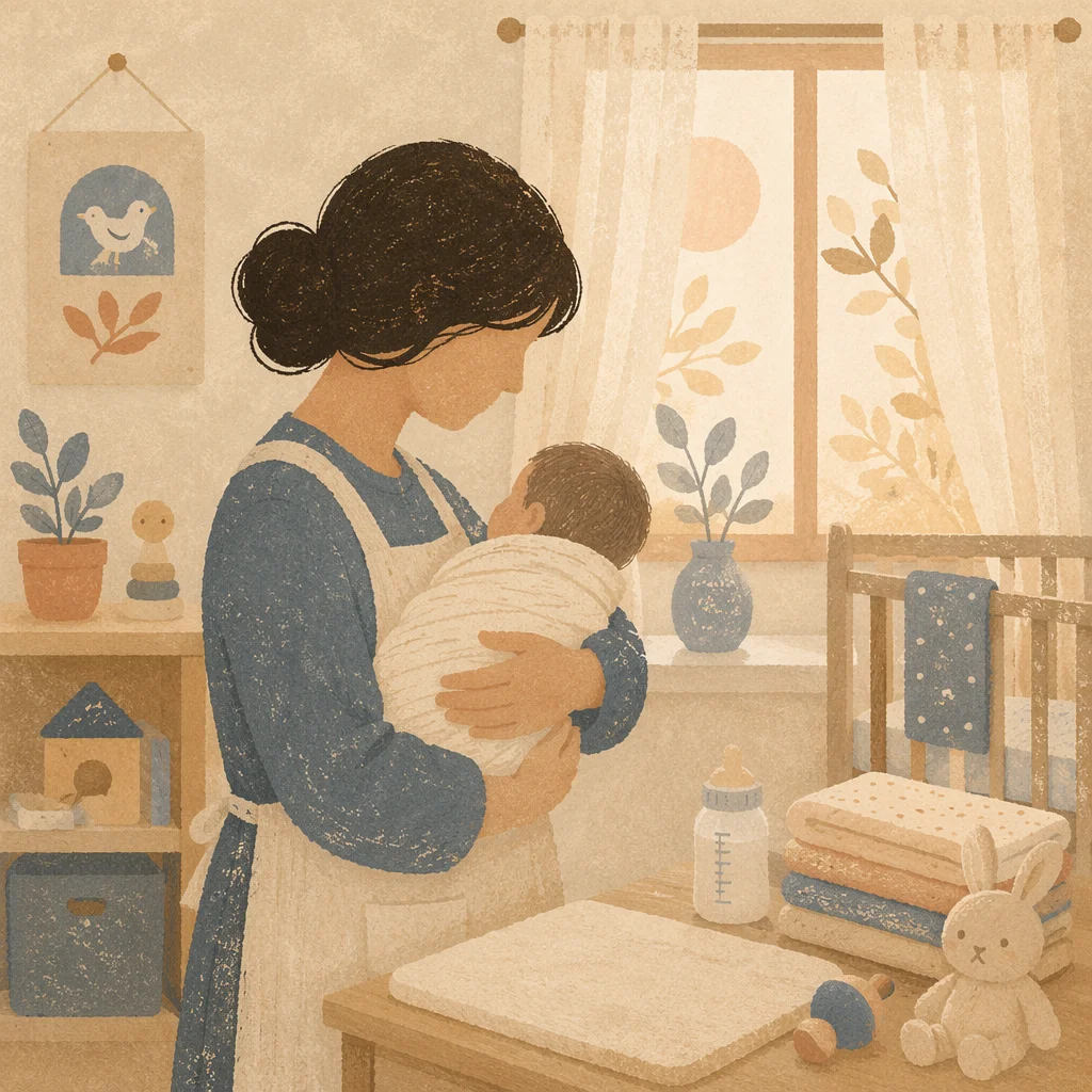 Church Nursery Volunteer Cradling Infant in Morning Light