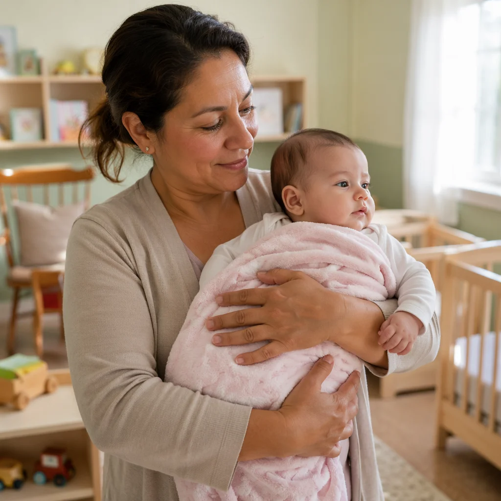 Church Nursery Volunteer Cradling Peaceful Baby
