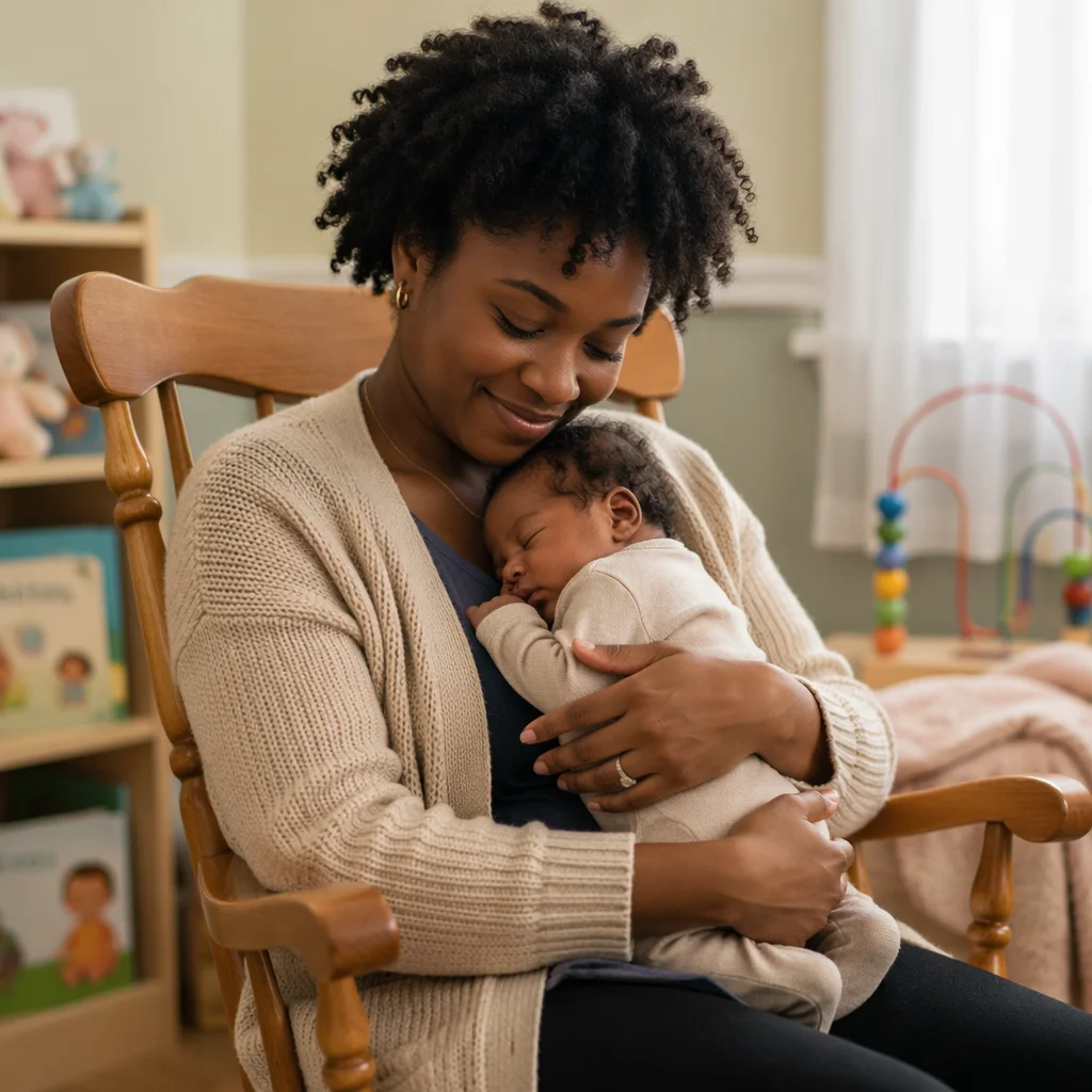 Volunteer Cradling Baby in Nursery Room