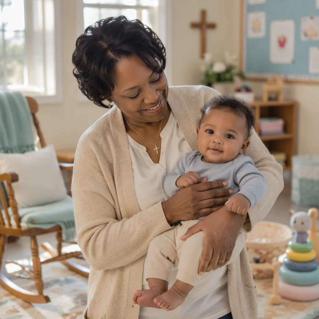 Volunteer Holding Baby in Bright Nursery