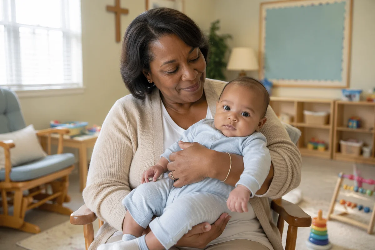 Woman Holding Baby in Bright Nursery