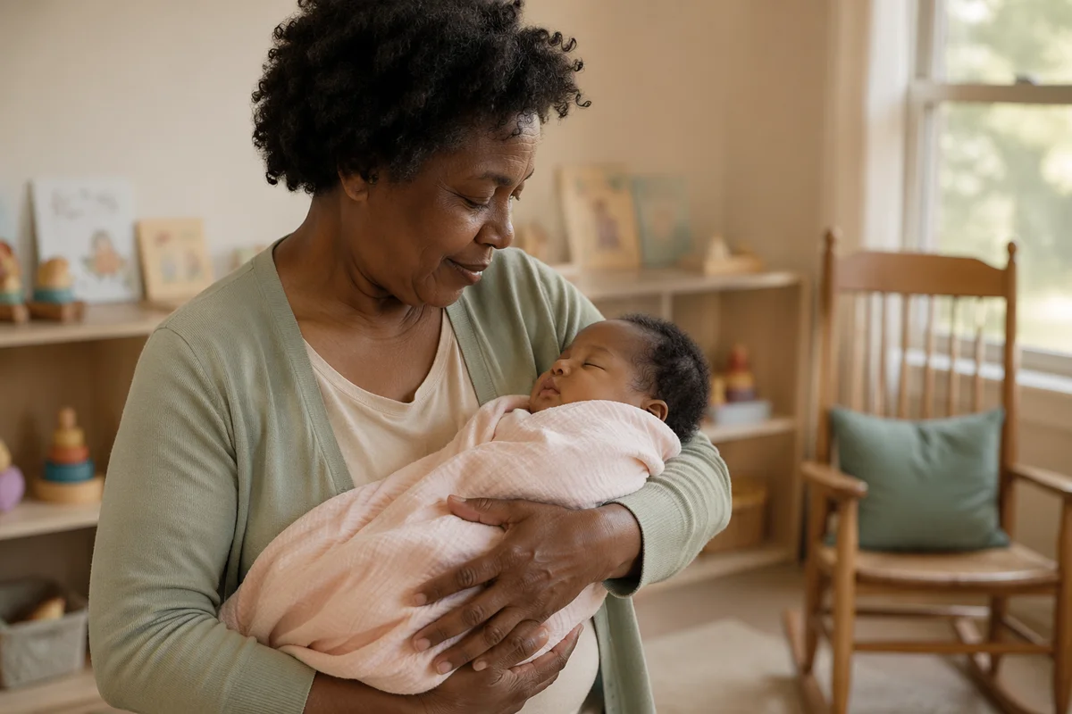 Volunteer Cradling Baby in Bright Nursery