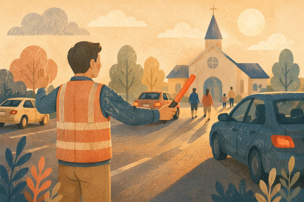 Church Parking Volunteer Guiding Morning Traffic
