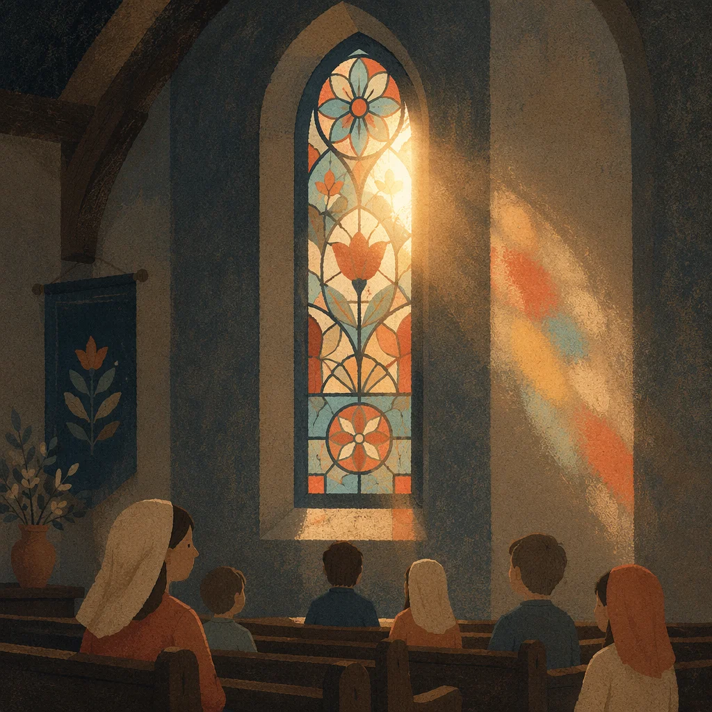 Sunlit Chapel Pews and Stained Glass
