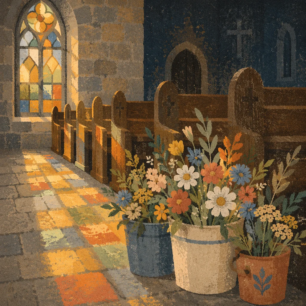 Sunlit Church Pews with Stained Glass Flowers