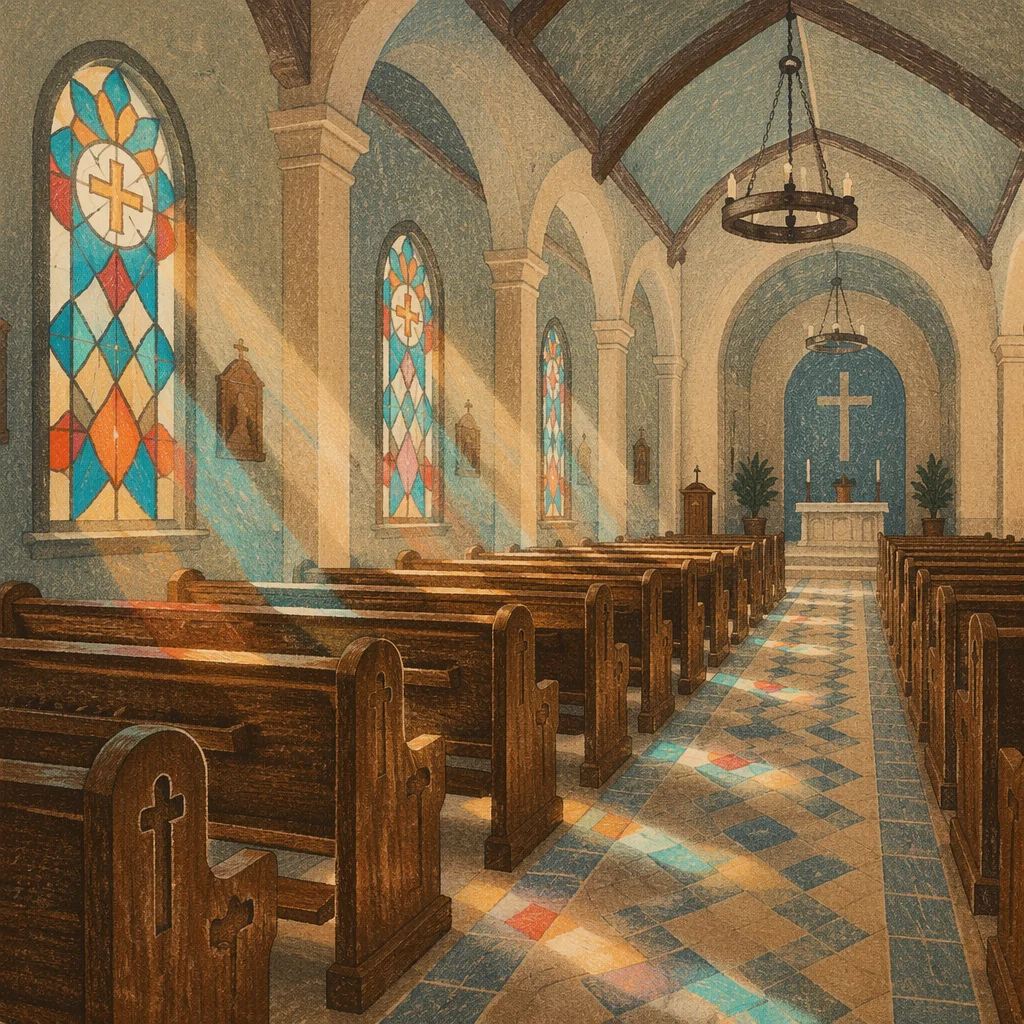 Sunlit Chapel Pews with Stained Glass
