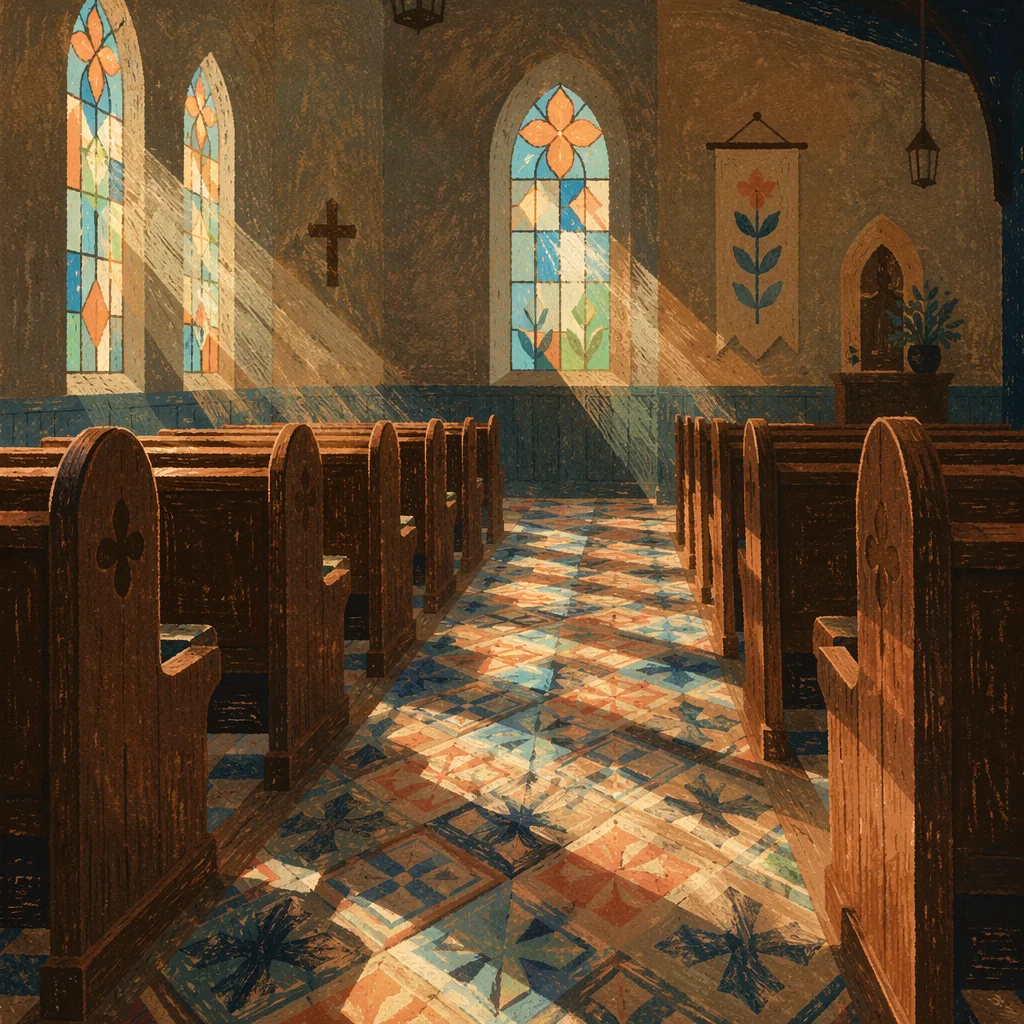 Sunlit Church Pews with Stained Glass