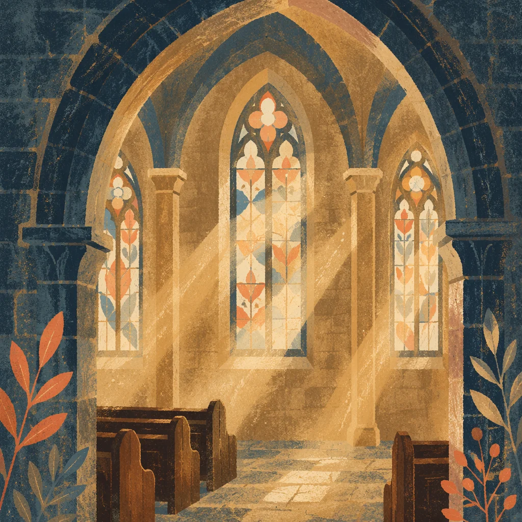 Sunlit Historic Church Pews and Stained Glass