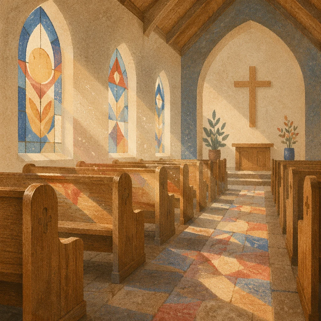 Sunlit Church Pews with Stained Glass Reflections