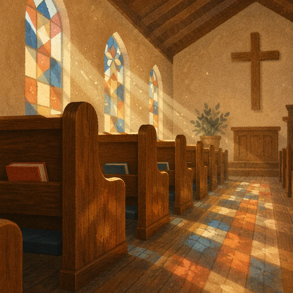 Sunlit Chapel Pews With Stained Glass