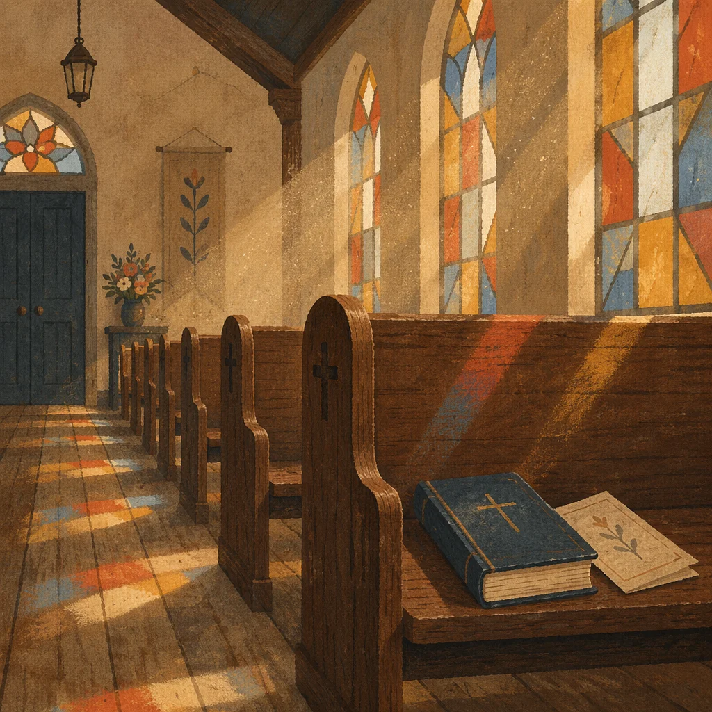 Sunlit Church Pews with Stained Glass