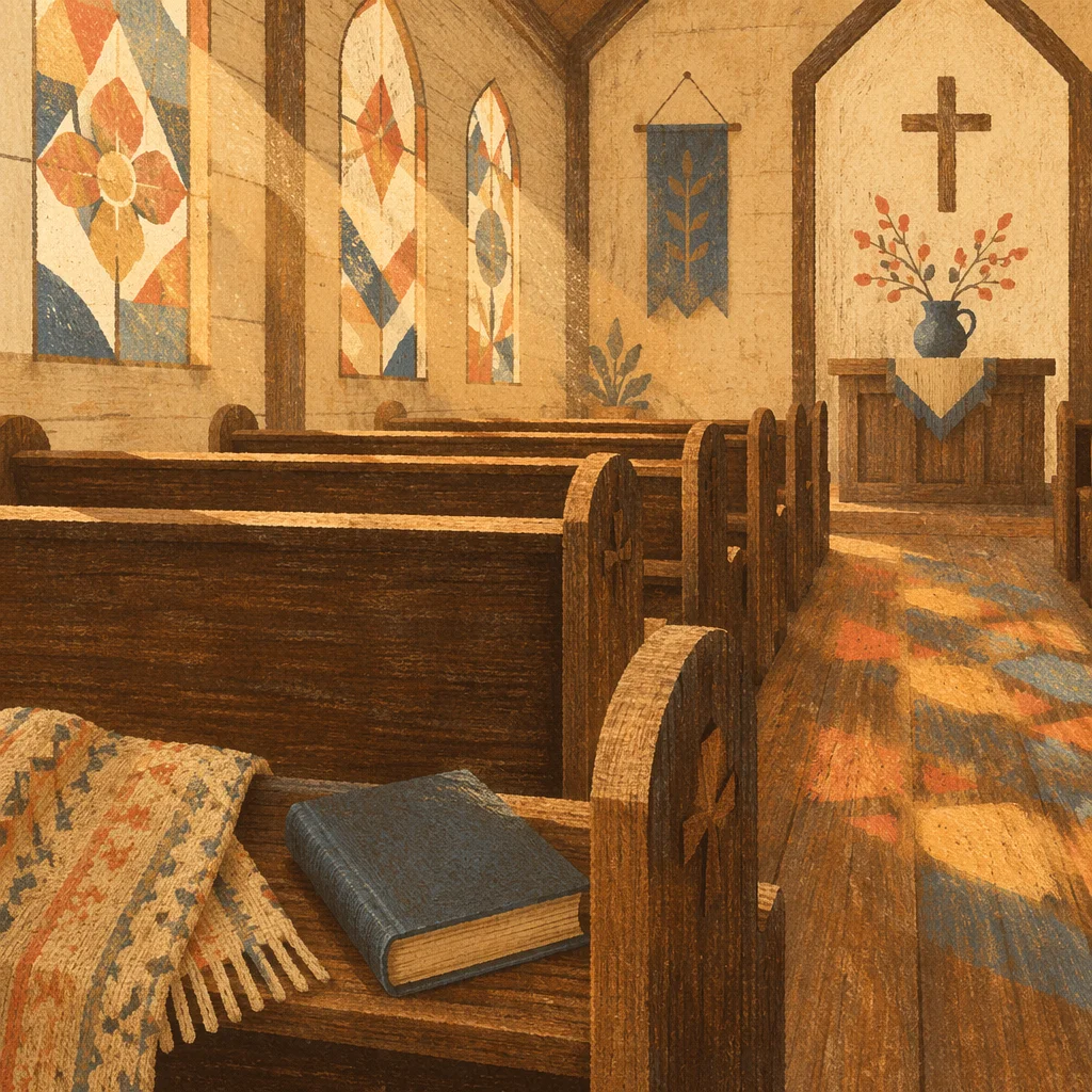 Sunlit Church Pews with Stained Glass