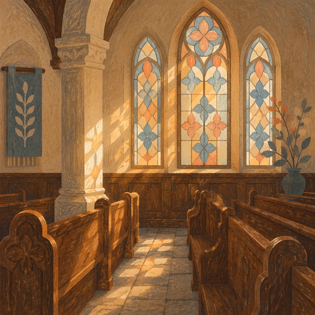 Sunlit Church Pews and Stained Glass