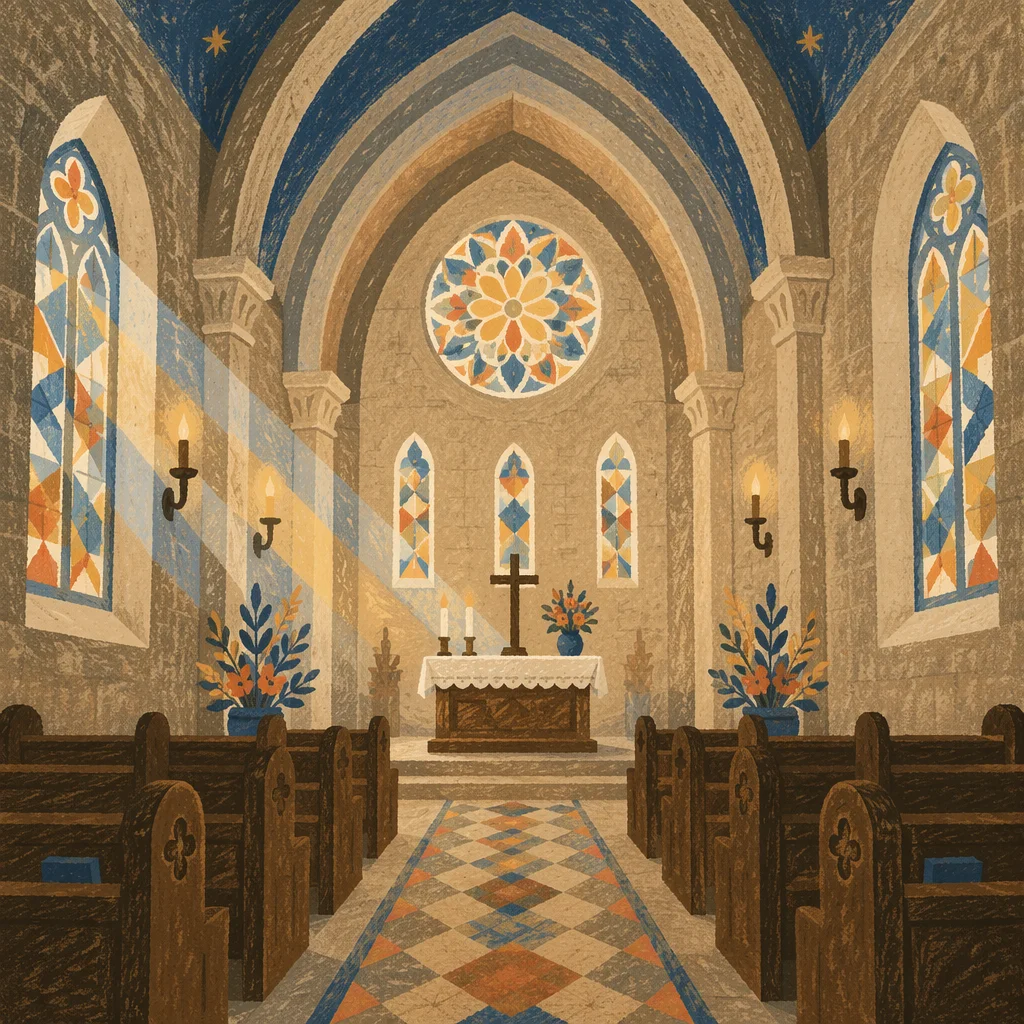 Sunlit Church Pews with Stained Glass