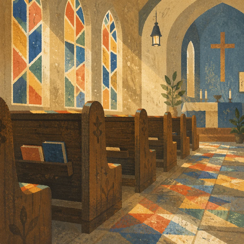 Sunlit Church Pews with Stained Glass